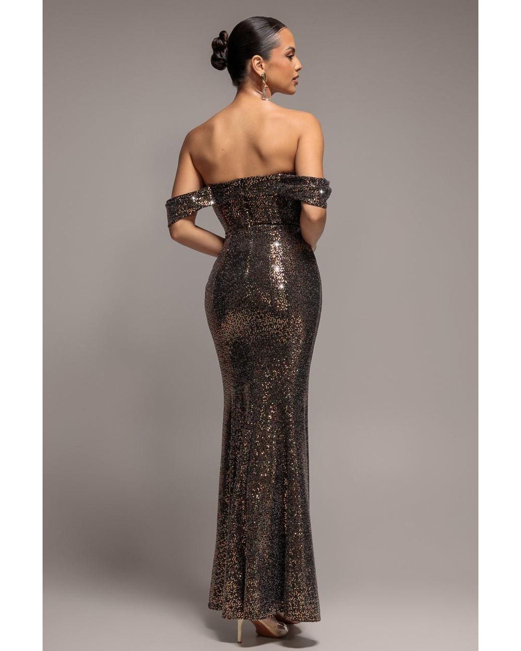 Goddiva Brown Sequin Lurex Off Shoulder Cowl Bardot Maxi Dress