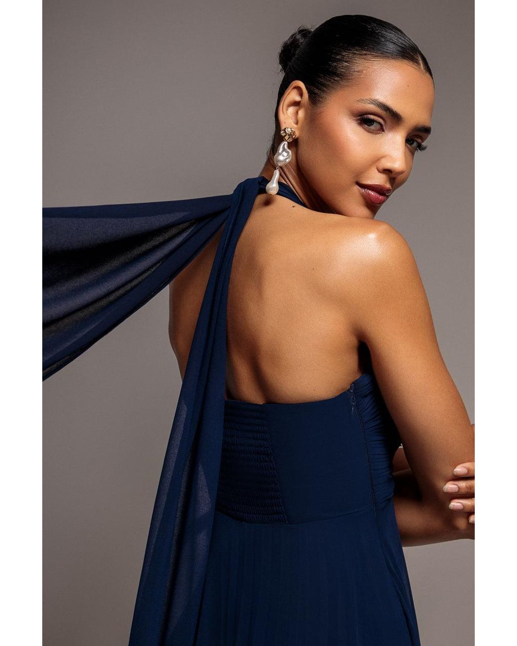 Goddiva Blue Sleeveless Pleated Chiffon Multiway Scarf Maxi Dress