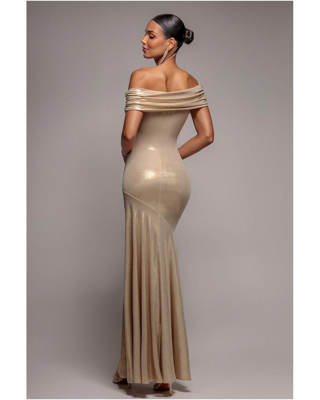 Goddiva Brown Foil Pleated One Shoulder Bardot Fit And Flare Maxi Dress