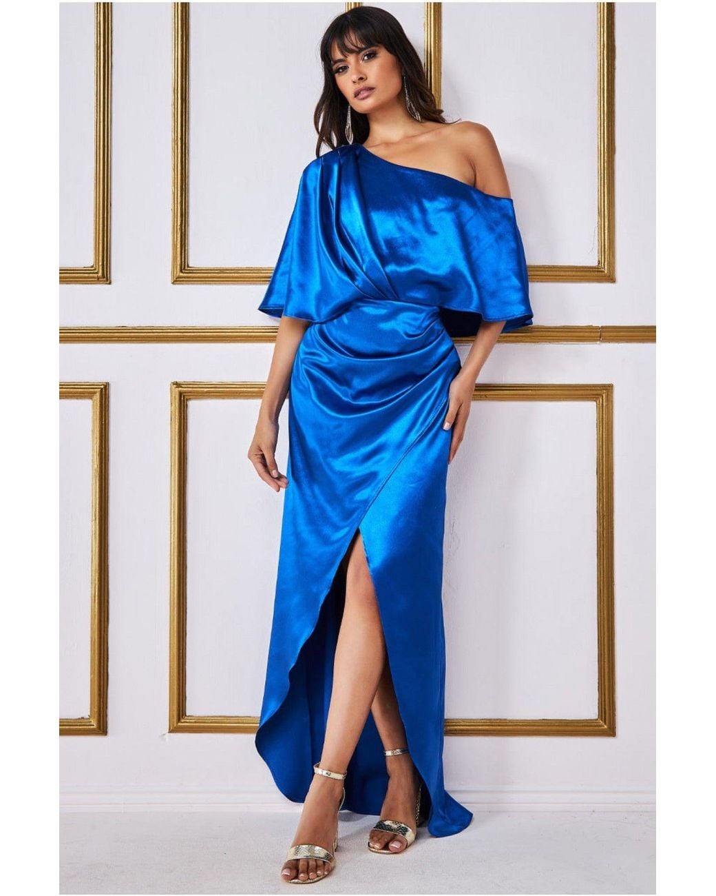 Goddiva Blue Satin Drape Shoulder Wrap Maxi Dress
