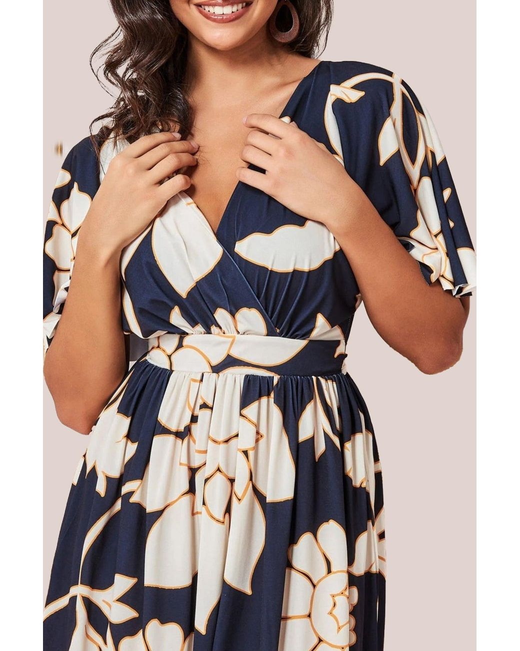 Goddiva Natural Leaf Print Flutter Sleeve Midi