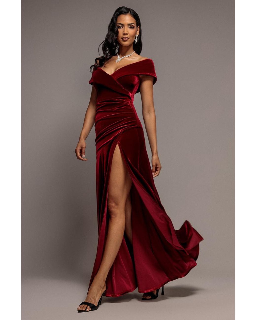 Goddiva Red Velvet Off Shoulder Pleated A Line Maxi Dress