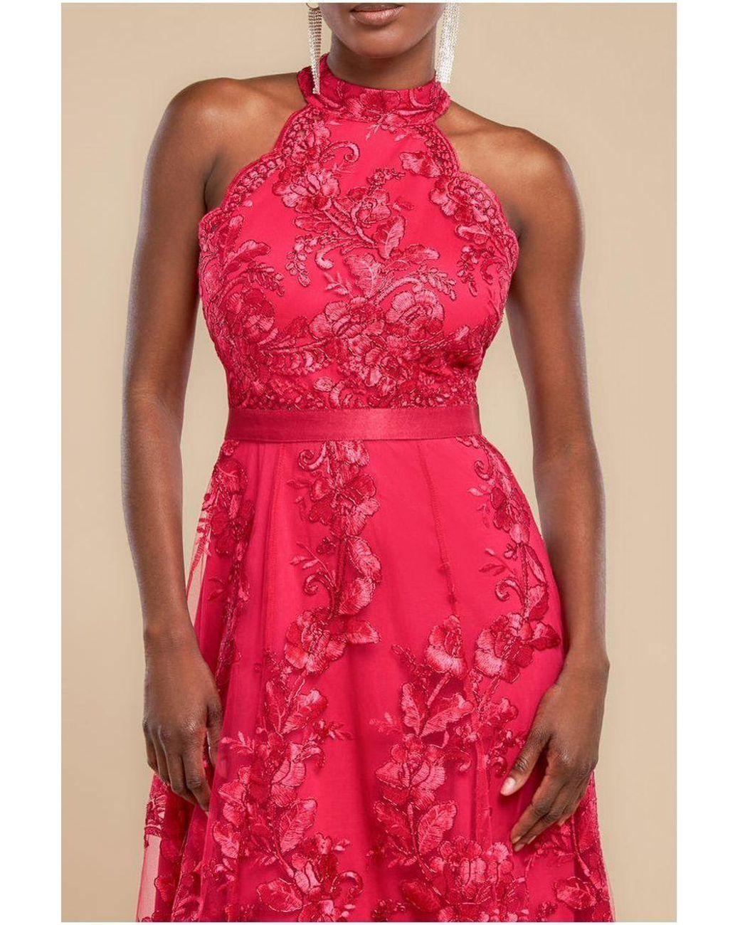 Goddiva Red Halter Neck Lace High And Low Dress