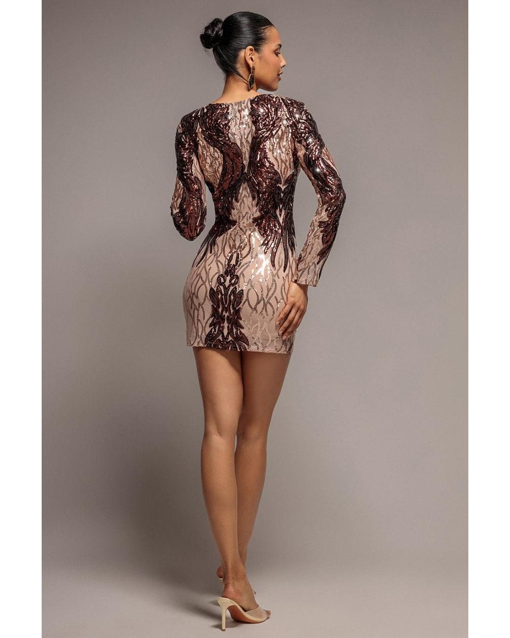 Goddiva Brown Boat Neck Full Sleeve Sequin Midi Dress