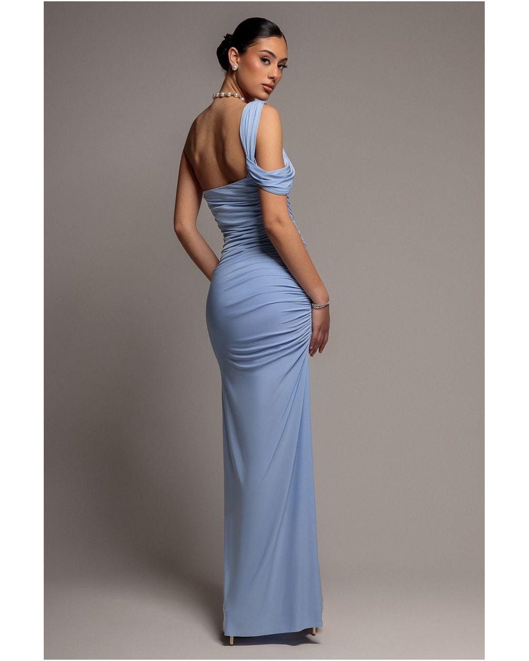 Goddiva Blue One Shoulder Asymmetric Twist Maxi Dress
