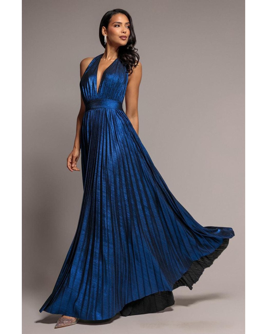 Goddiva Blue Open Back Sunrise Foil Halterneck A Line Maxi Dress