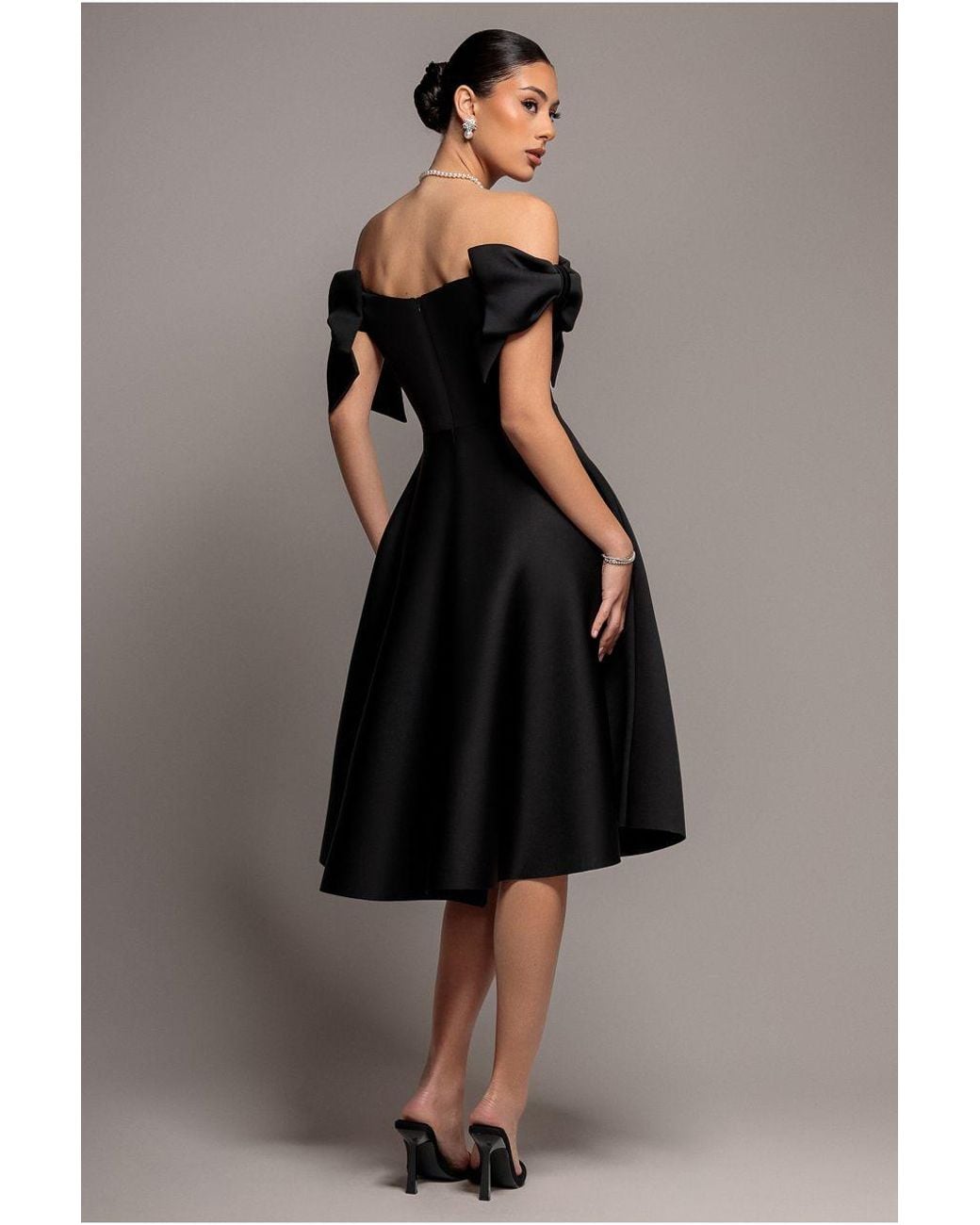 Goddiva Gray Bardot Plunge Neck Bow Sleeve A Line Midi Dress