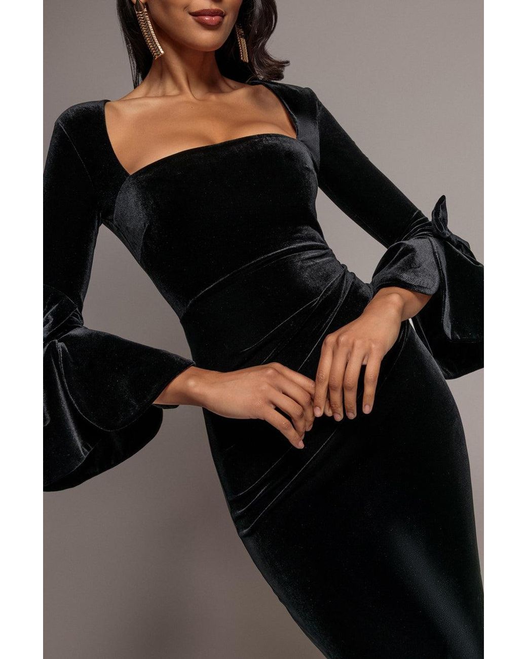 Goddiva Black Petal Bow Sleeve Frill Velvet Midi Dress