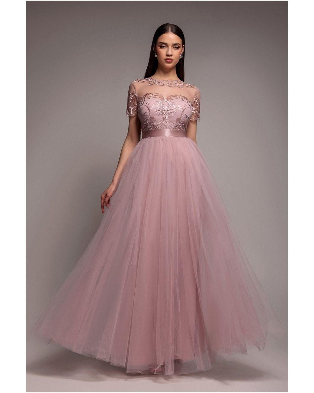 Goddiva Pink Embroidered Mesh Maxi Dress