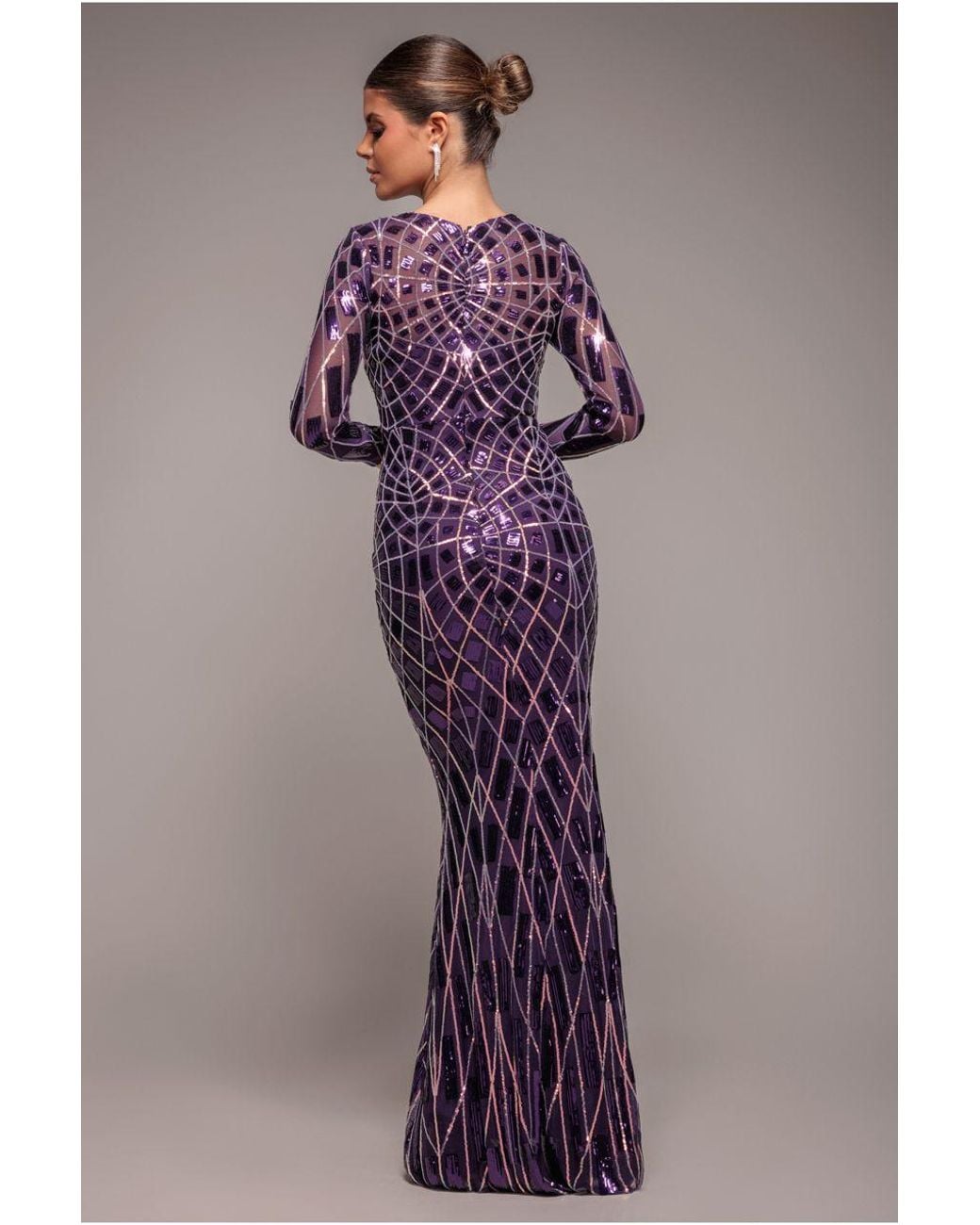 Goddiva Purple Geo Sequin Long Sleeve Maxi Dress