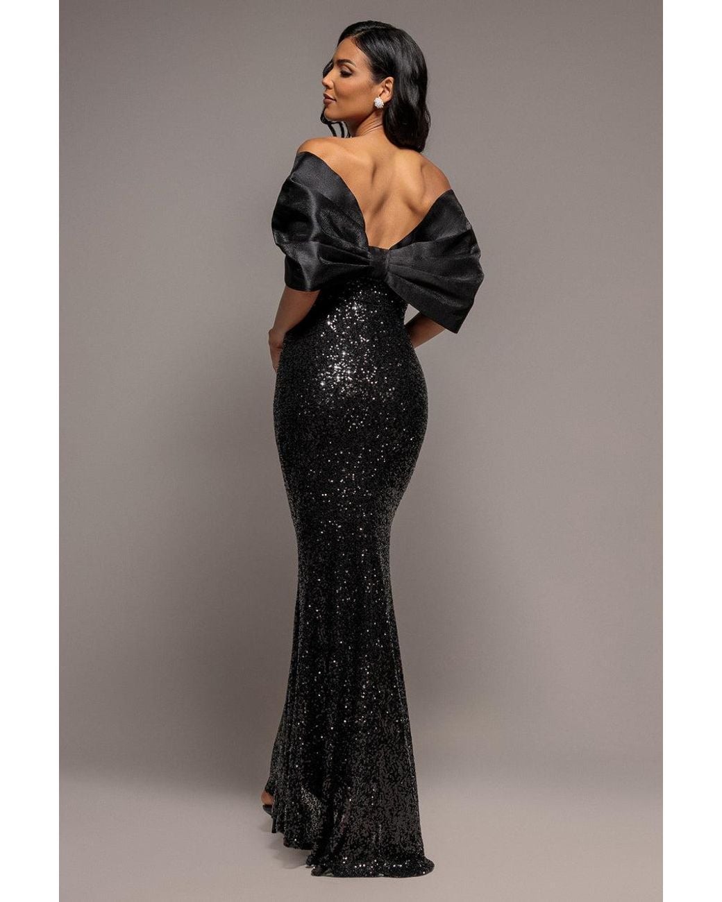 Goddiva Gray Satin Bow Back Off The Shoulder Sequin Maxi Dress