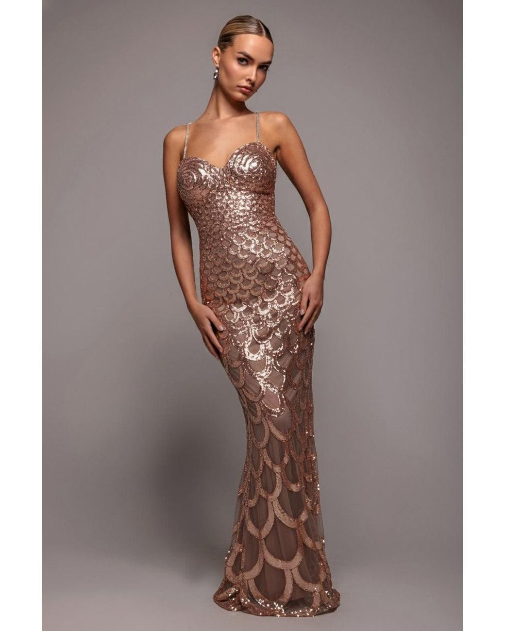 Goddiva Diamante Strap Fish Scale Sequin Maxi Dress in Natural