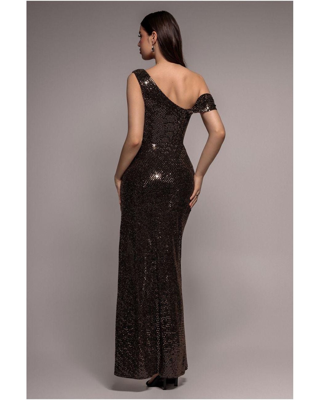 Goddiva Brown Cowl Neck Sequin Glitter Draped Maxi Dress