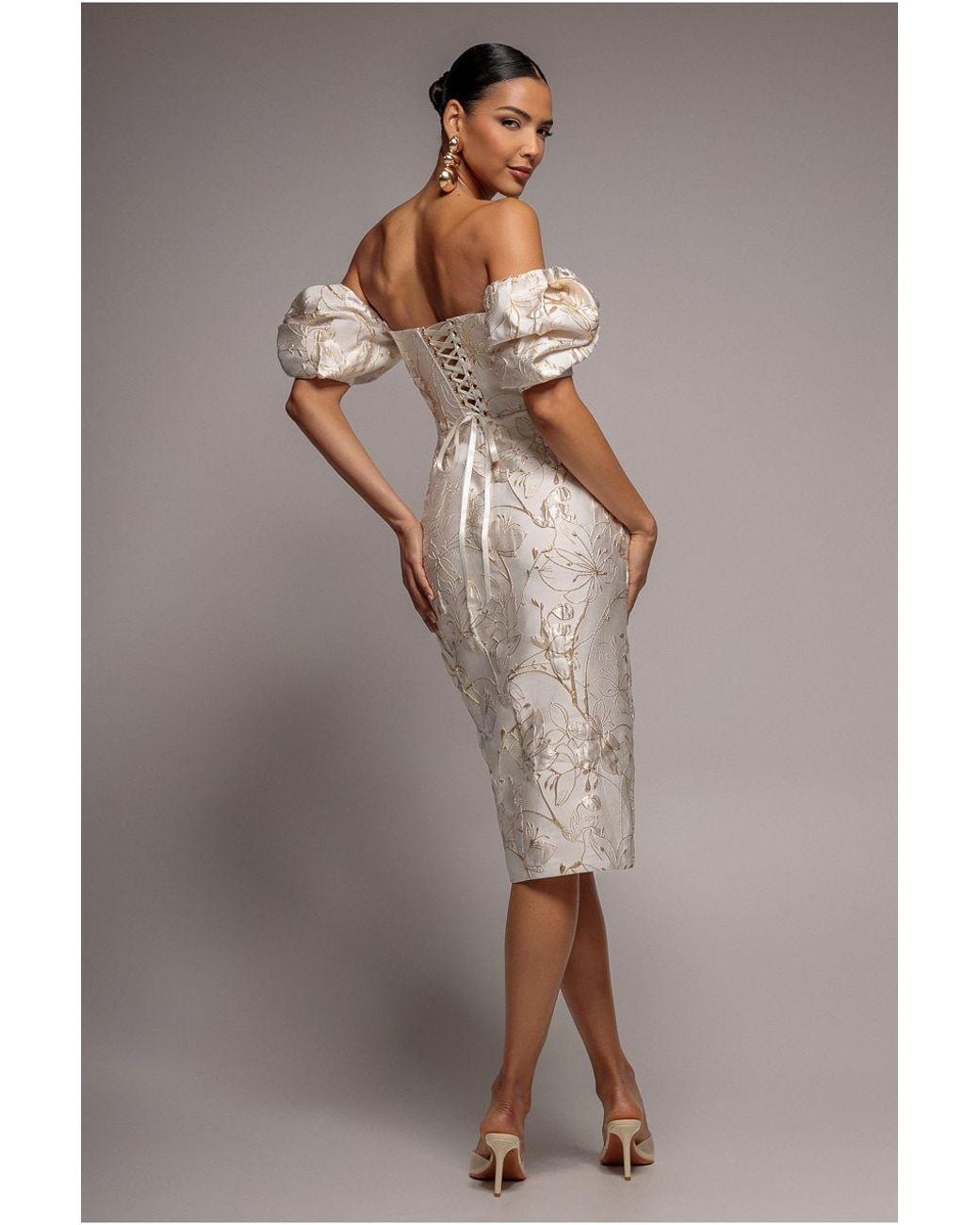 Goddiva Brown Puff Sleeve Sweetheart Midi Dress