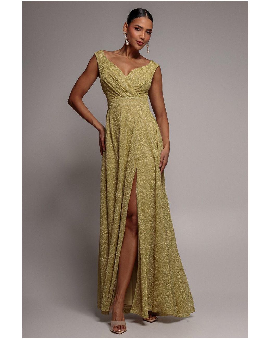 Goddiva Natural Crossover Lurex Glitter Maxi Dress