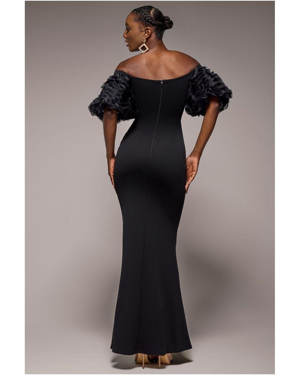 Goddiva Black Off The Shoulder 3D Puffed Sleeve Sweetheart Maxi Dress