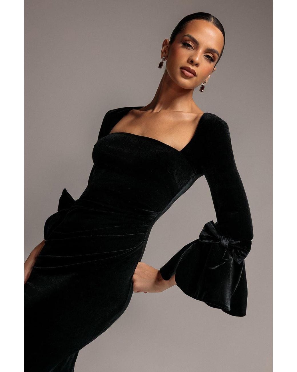 Goddiva Black Petal Bow Sleeve Frill Velvet Maxi Dress