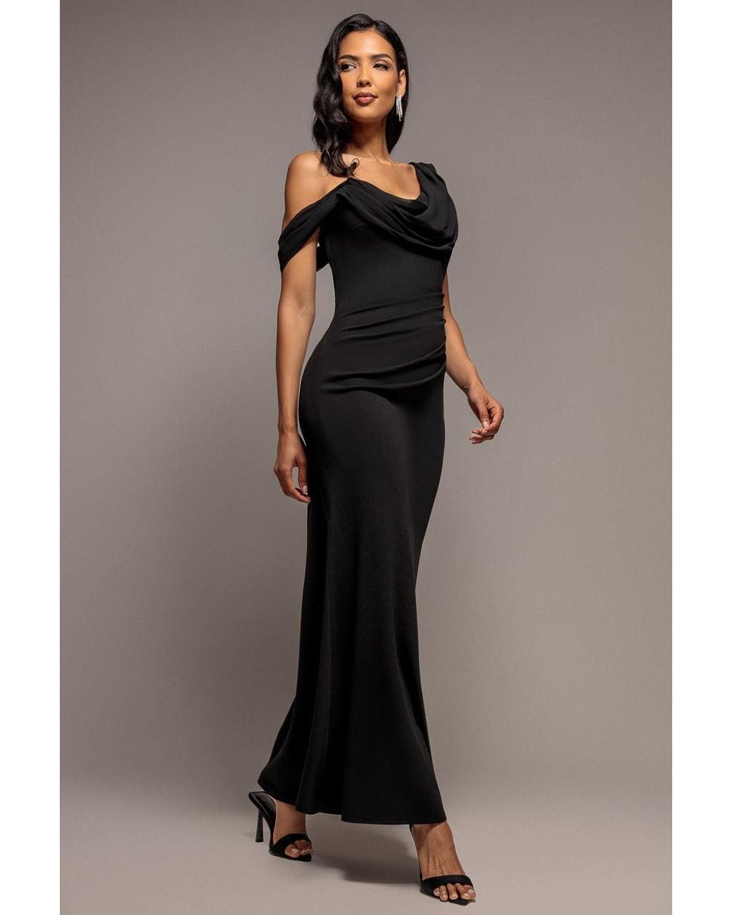 Goddiva Brown Cowl Neck One Shoulder Scuba & Chiffon Maxi Dress