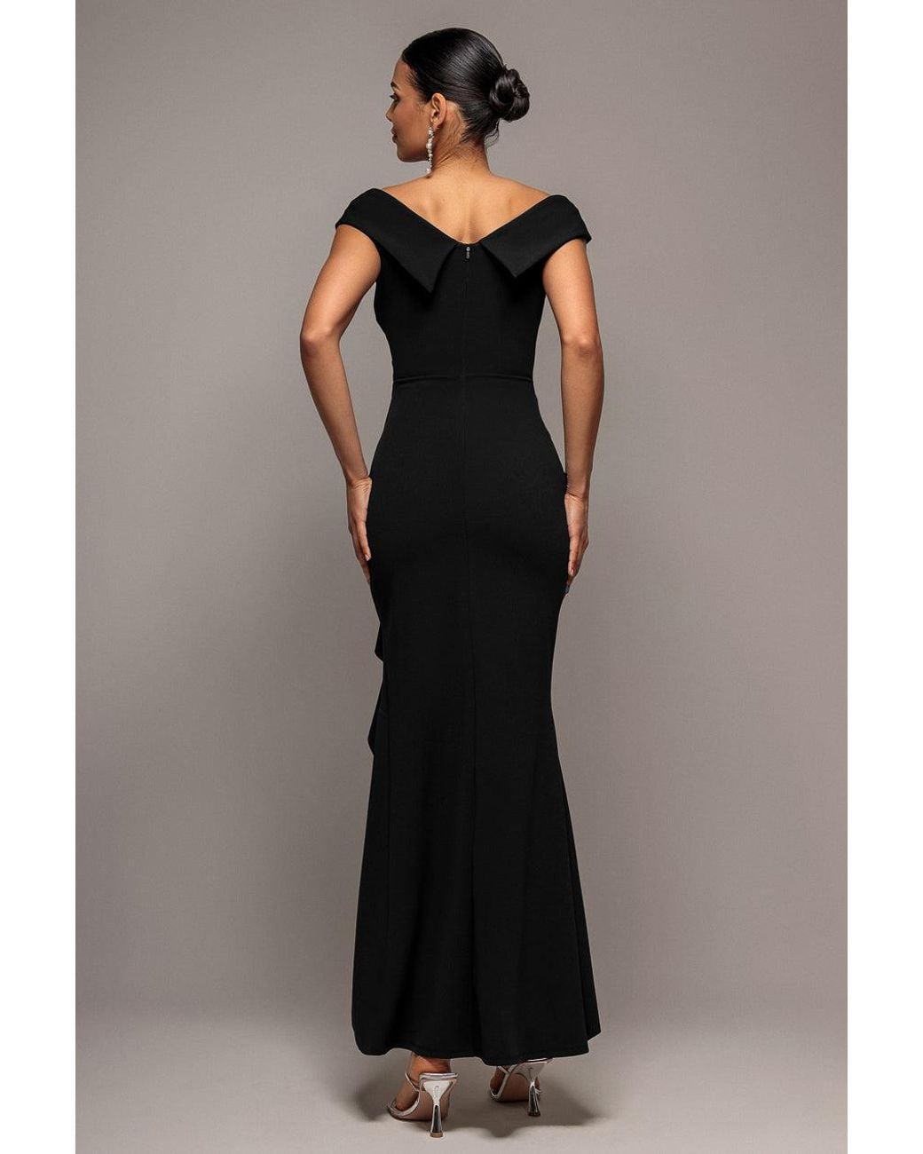 Goddiva Black Off Shoulder Front Waterfall Frill Maxi Dress