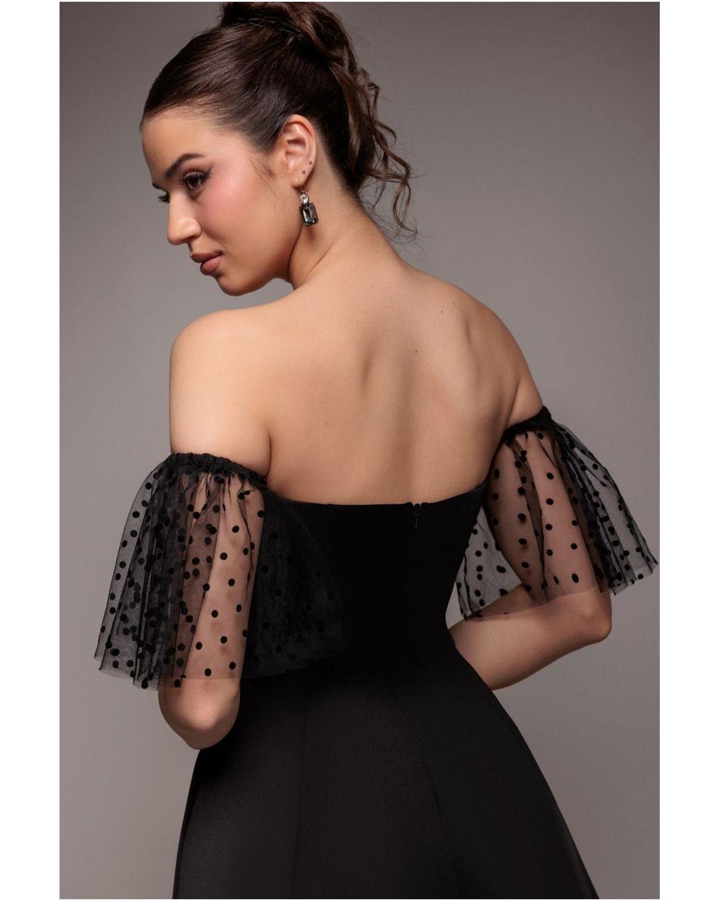 Goddiva Black Scuba & Polka Mesh Off The Shoulder Midi Dress