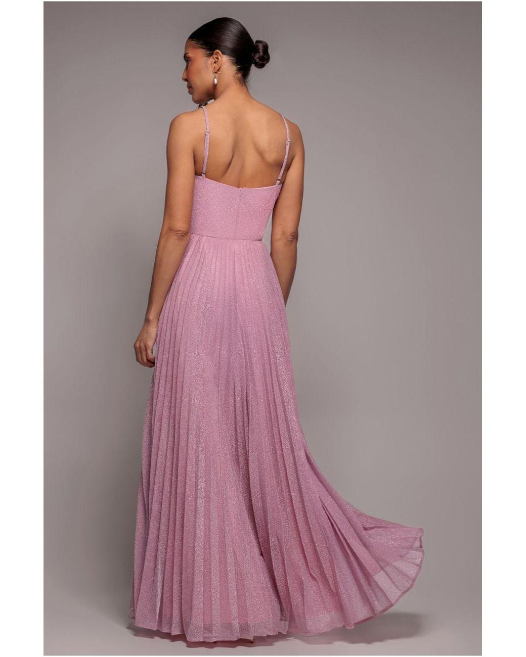 Goddiva Pink Sleeveless Pleated A Line Lurex Maxi Dress