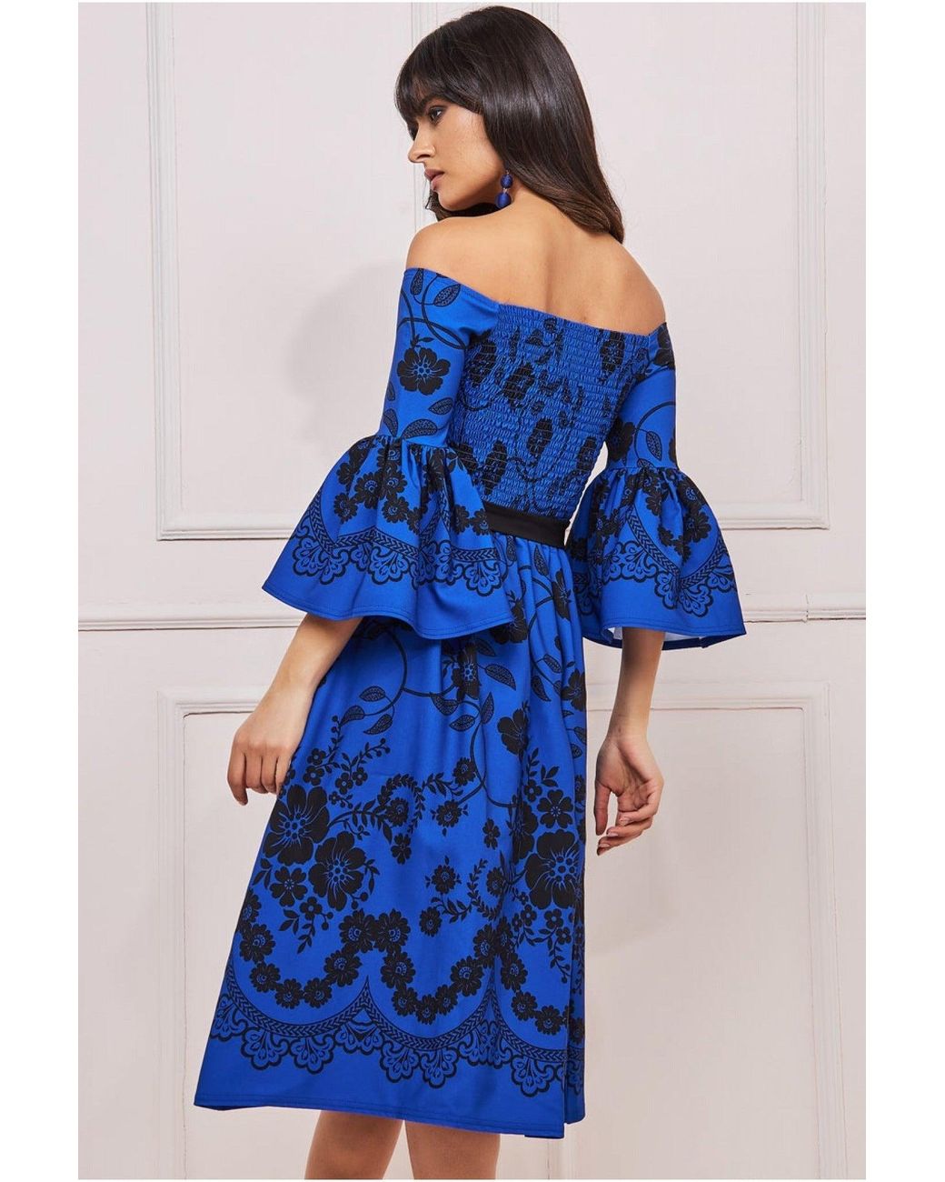 Goddiva Blue Printed Off The Shoulder Midi Dress