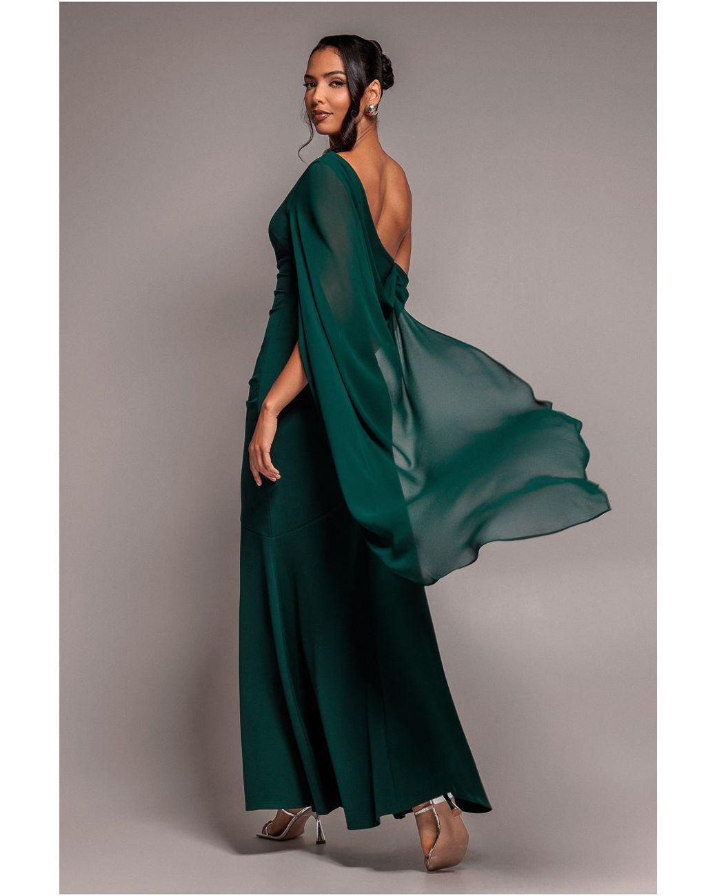 Goddiva Multicolor One Shoulder Cape Scuba & Chiffon Maxi Dress