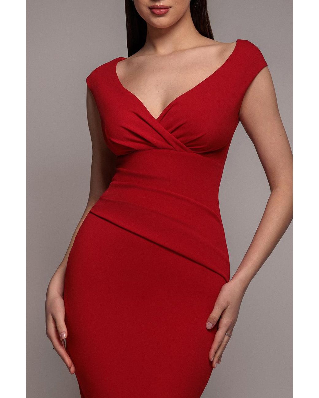 Goddiva Bardot Pleated Midi Dress in Red | Lyst UK