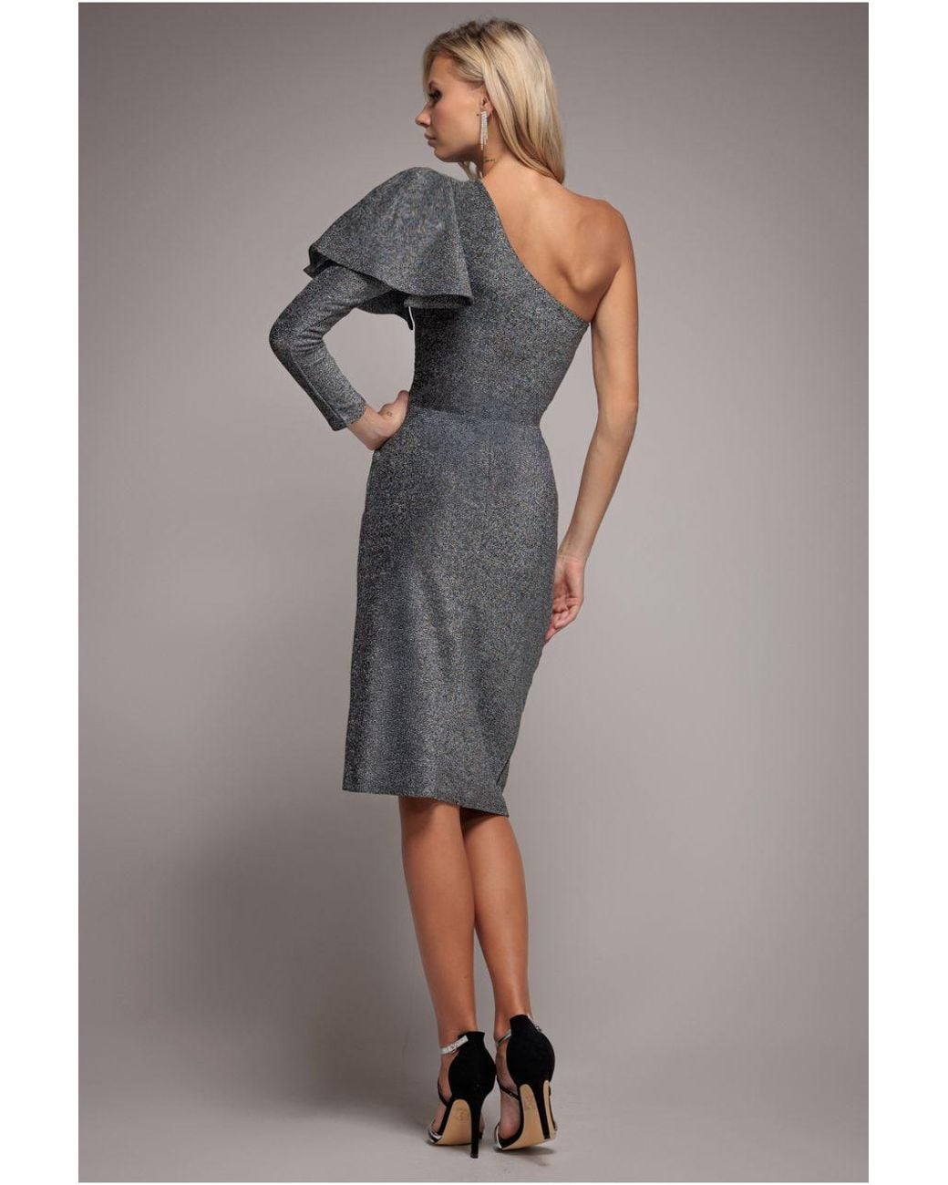 Goddiva Metallic One Sleeve Frill Lurex Midi Dress
