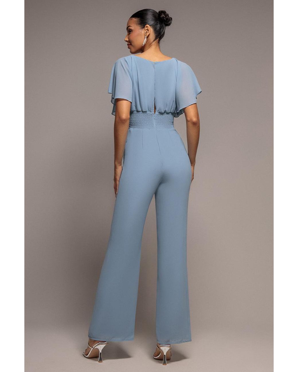 Goddiva Blue Chiffon Jumpsuit With Flutter Sleeves