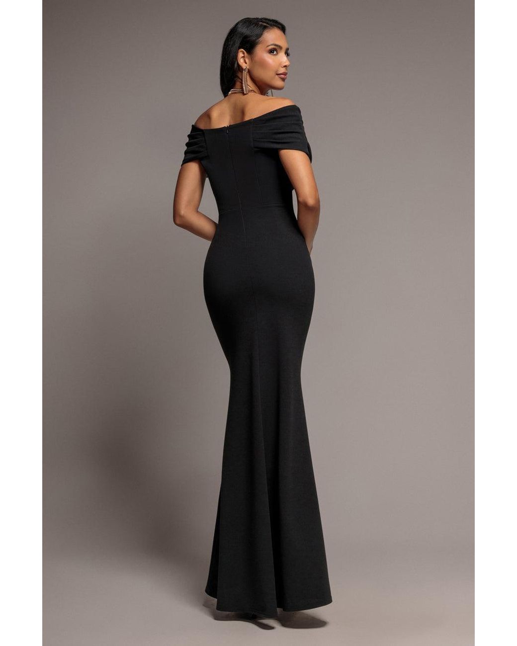 Goddiva Black Pleated Bardot Wrap Mermaid Maxi Dress
