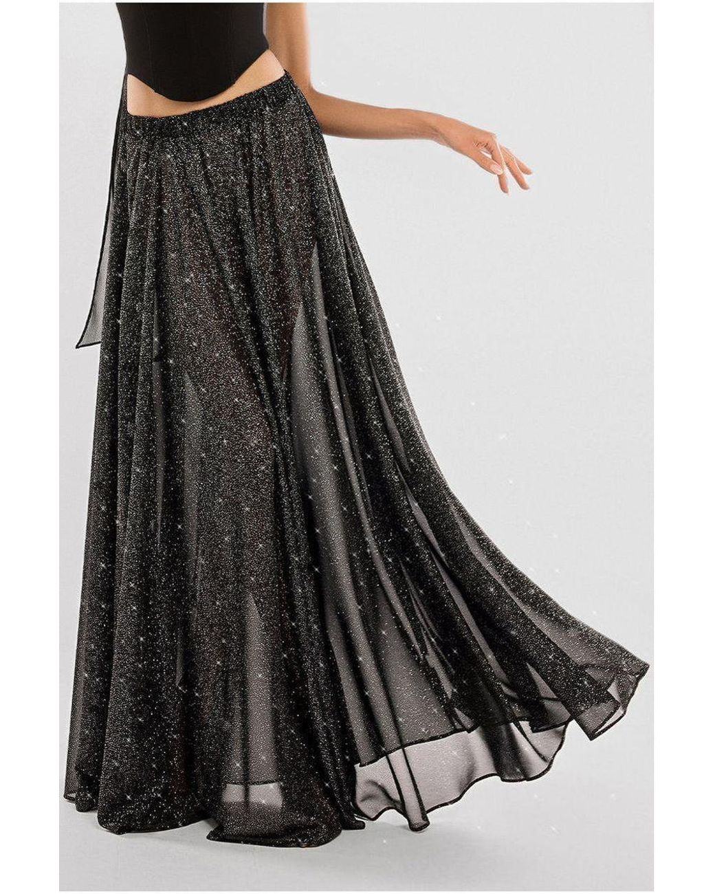 Goddiva Black Compact Crepe Lace Up Corset With Gathered A-Line Glitter Chiffon Maxi Skirt & Scarf