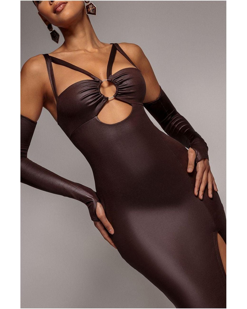 Goddiva Brown Faux Leather Cut Out Maxi Dress