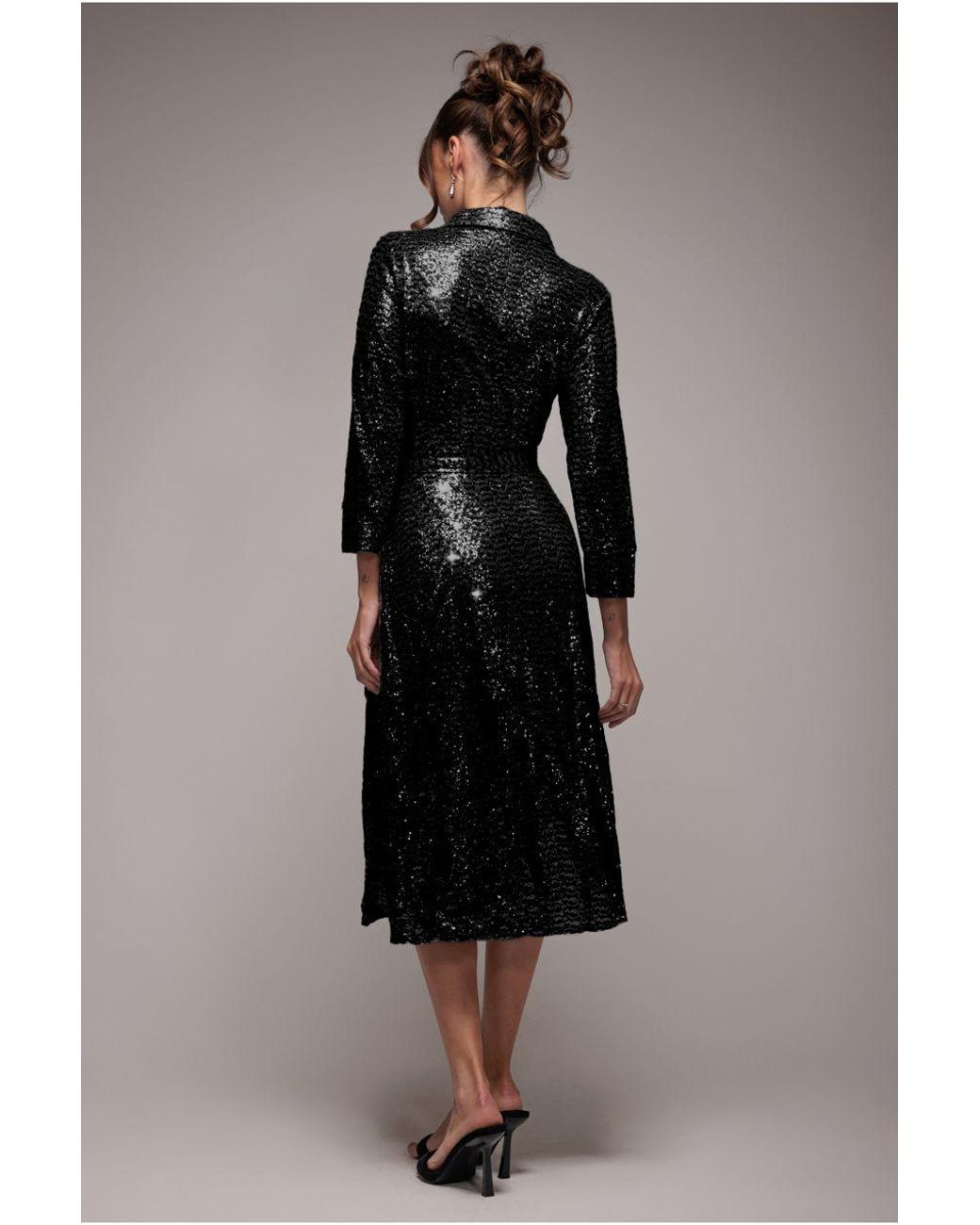 Goddiva Black Sequin Skater Shirt Dress