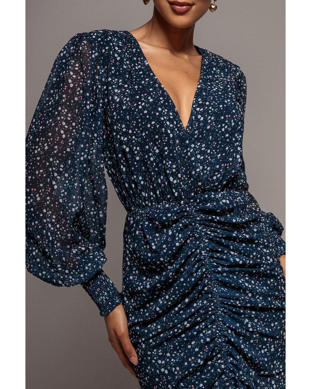 Goddiva Blue Printed Long Sleeve Drawstring Midi Dress