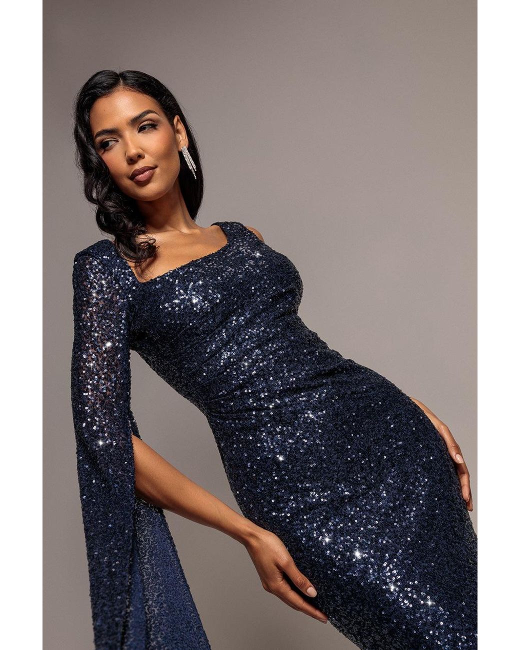 Goddiva Blue One Side Cape Sleeve Sequin Maxi Dress