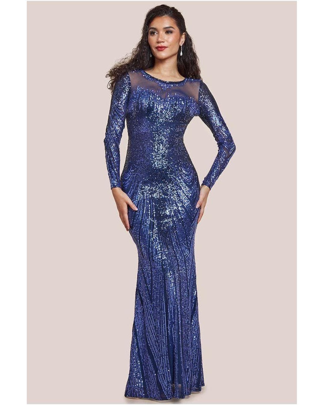 Goddiva Blue Long Sleeve Aztec Sequin Maxi Dress
