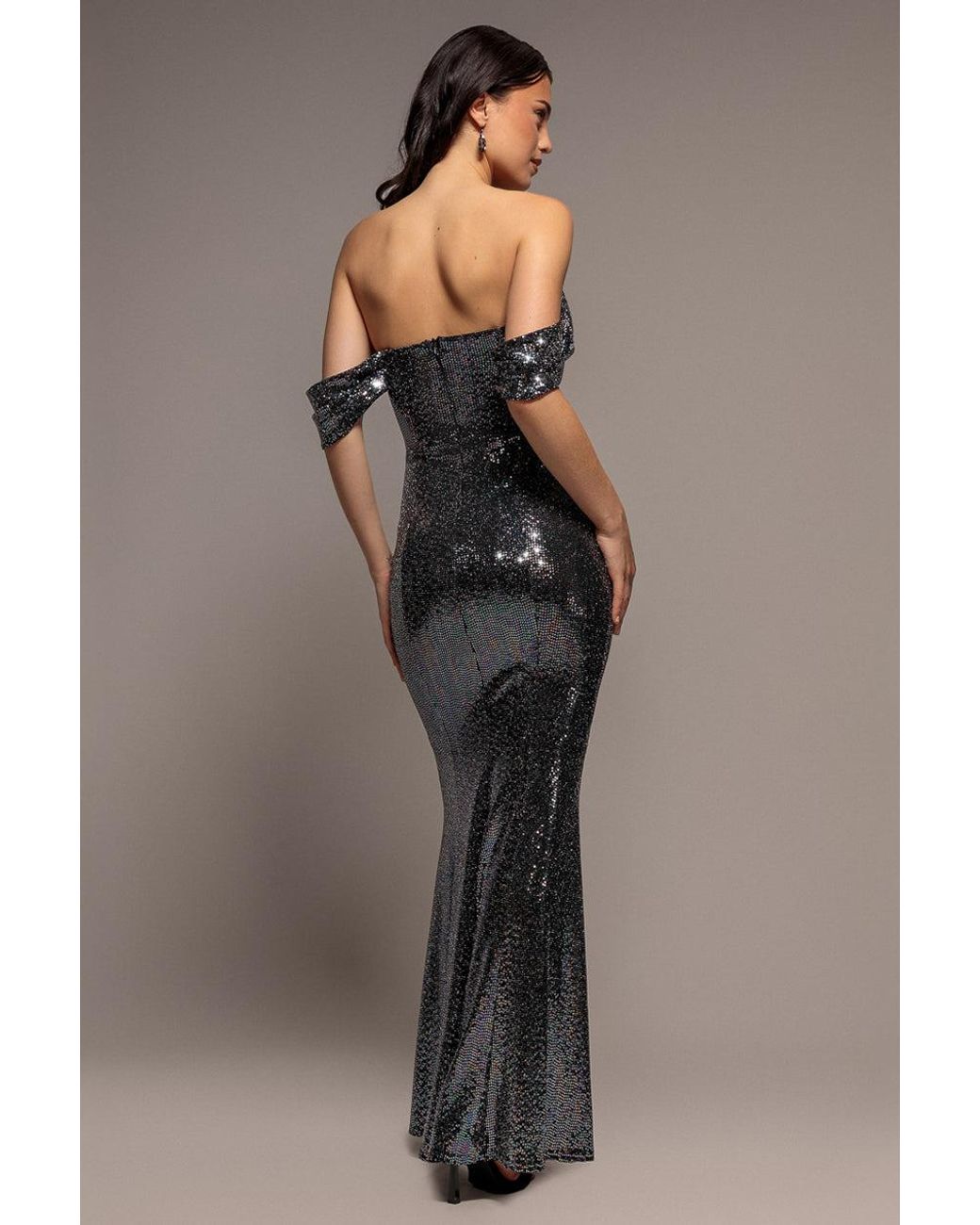 Goddiva Gray Sequin Lurex Off Shoulder Cowl Bardot Maxi Dress