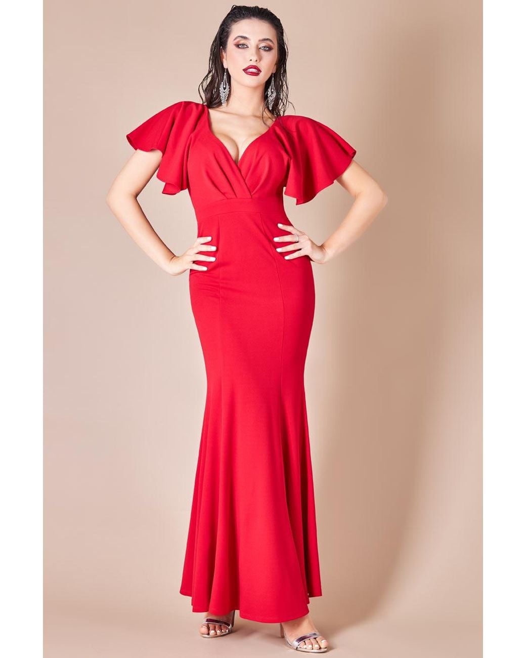 Goddiva Flared Sleeve Front Wrap Maxi Dress