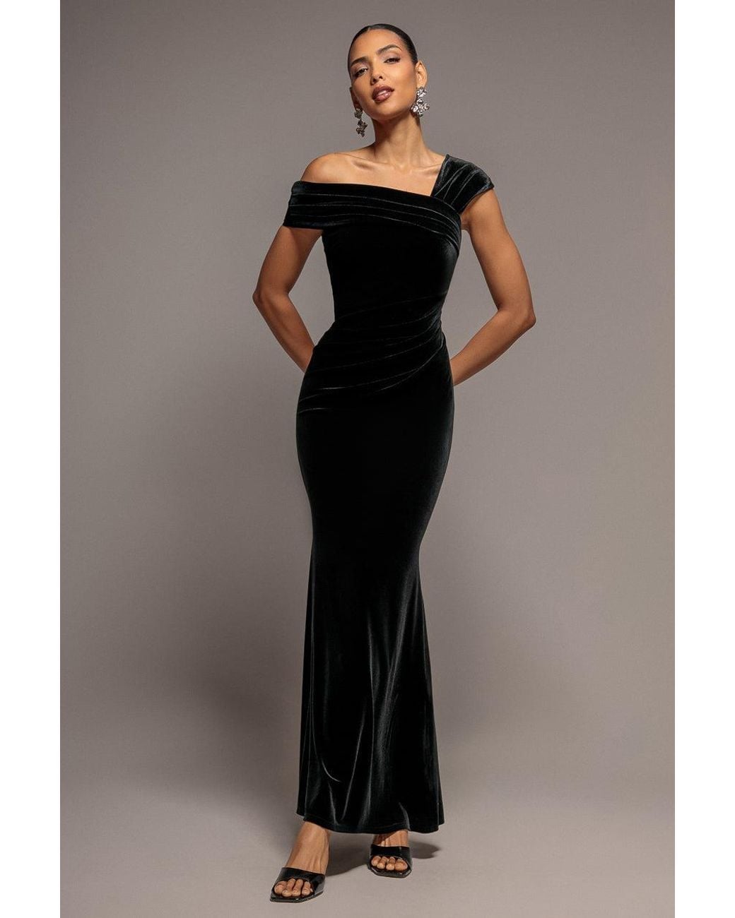 Goddiva Blue One Shoulder Velvet Maxi Dress