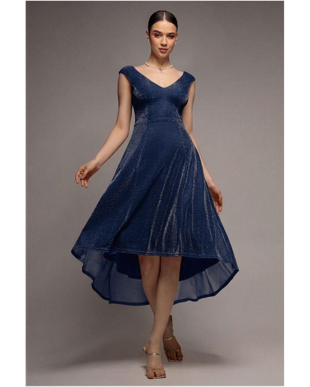 Goddiva Blue Off The Shoulder Lurex High Low Dress