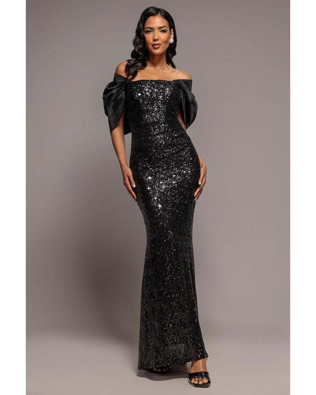 Goddiva Gray Satin Bow Back Off The Shoulder Sequin Maxi Dress
