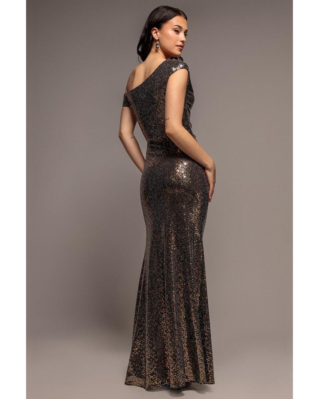 Goddiva Brown Asymmetric One Shoulder Front Split Sequin Maxi Dress
