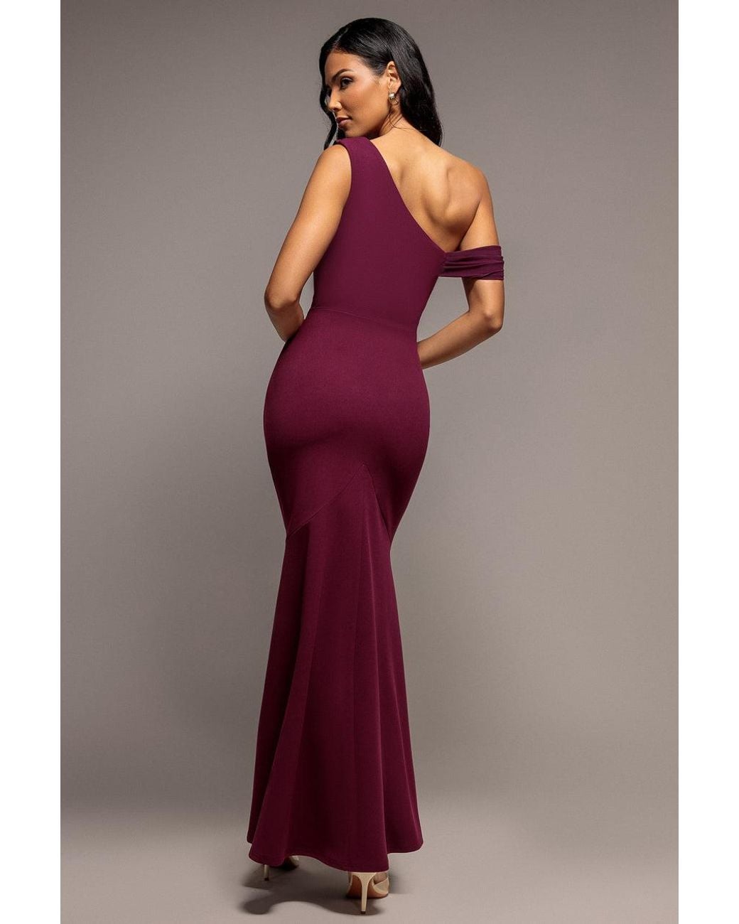 Goddiva Red Cowl Neck One Shoulder Scuba & Chiffon Maxi Dress