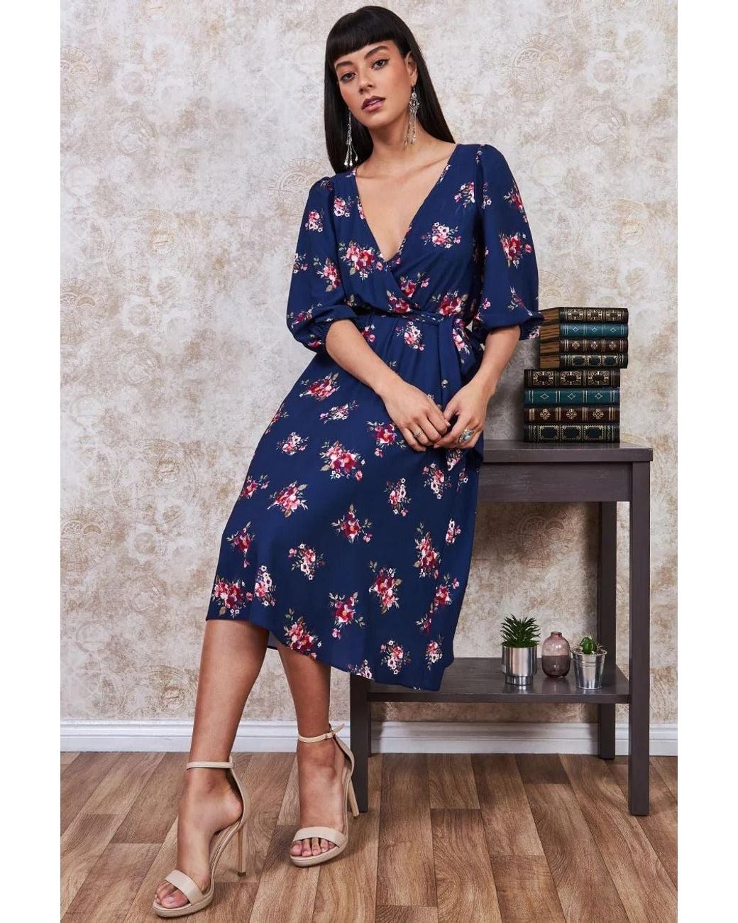 Goddiva Blue Wrap Style Floral Midi Dress