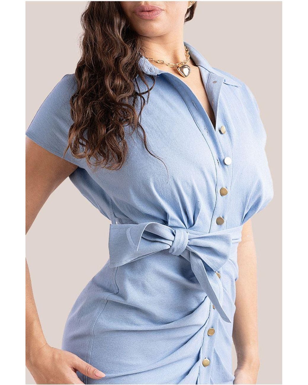 Goddiva Blue Denim Gathered Angel Sleeve Midi Shirt Dress