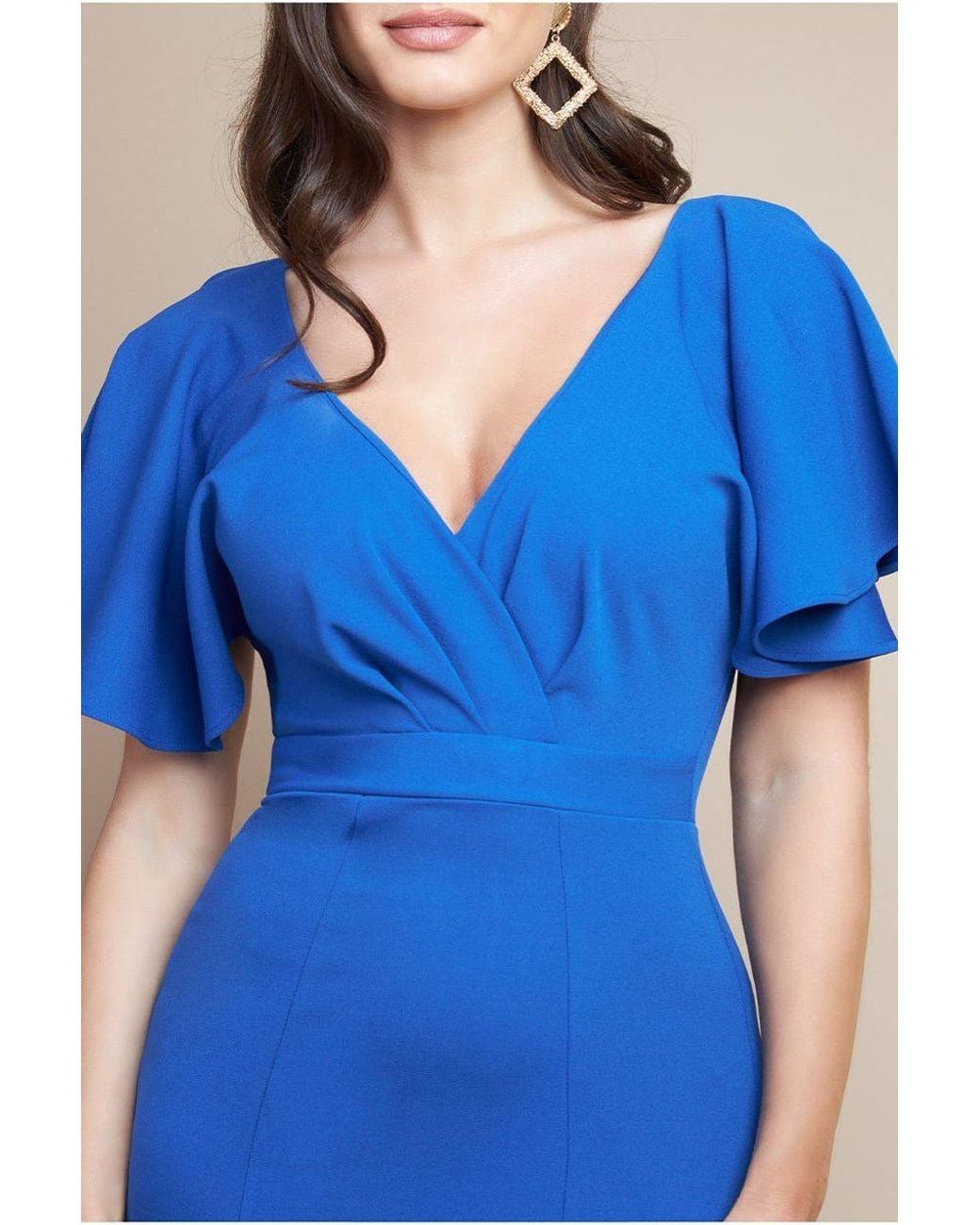 Goddiva Blue Flared Sleeve Front Wrap Maxi Dress
