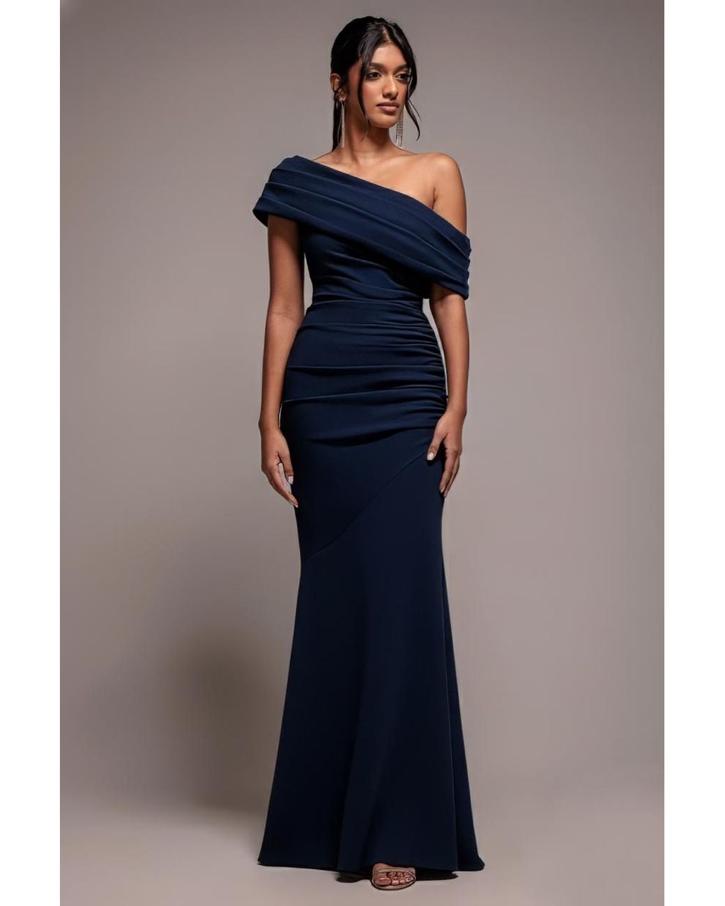 Goddiva Blue Pleated One Shoulder Bardot Fit And Flare Maxi Dress