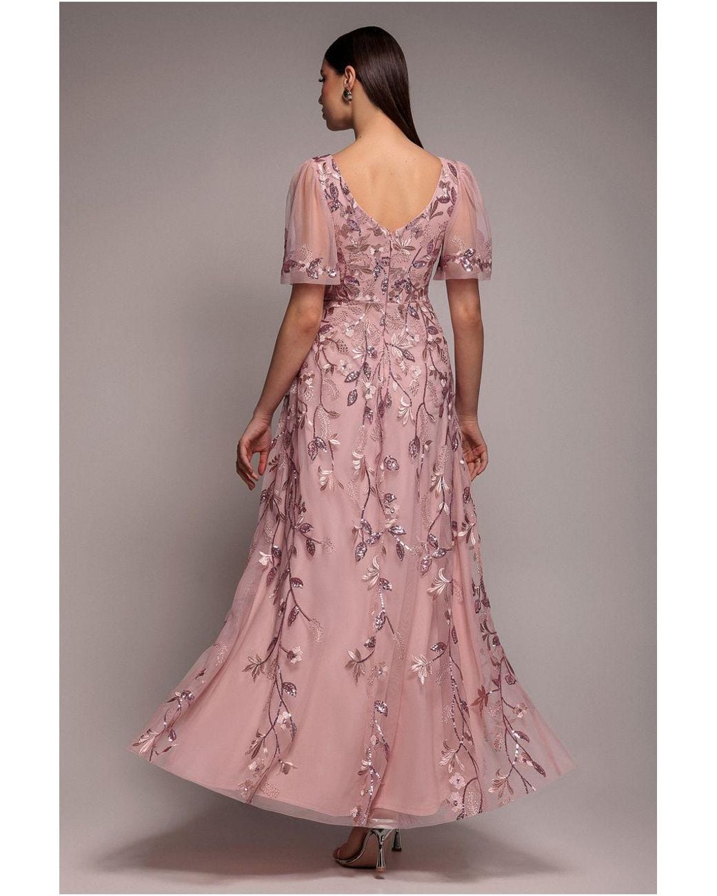 Goddiva Pink Flared Sleeve Embroidered Maxi Dress