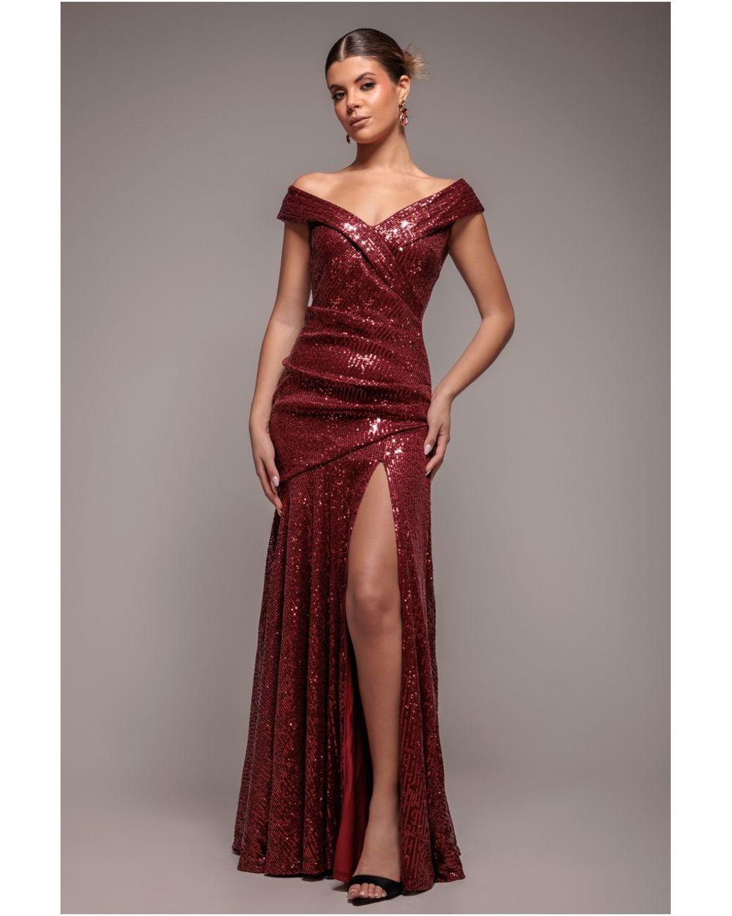 Goddiva Red Bardot Sequin Pleated Maxi Dress